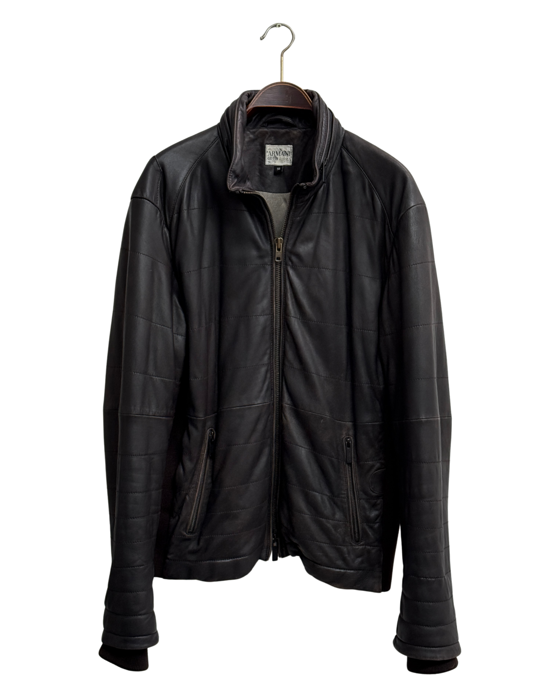Armani Collezioni Brown Lamb Leather Quilted Jacket with Knit Armani Collezioni Brown Lamb Leather Quilted Jacket with Knit