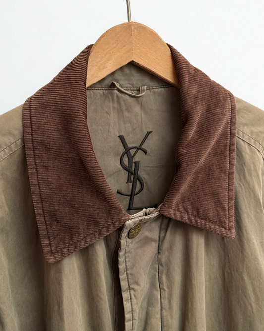 Brown corduroy collar detail on YSL jacket