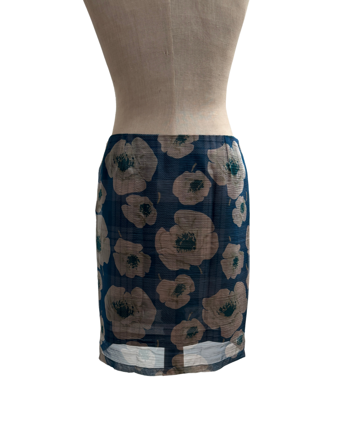 Dries Van Noten Blue Printed Silk Skirt with Sheer Overskirt Made in Belgium Size 42
