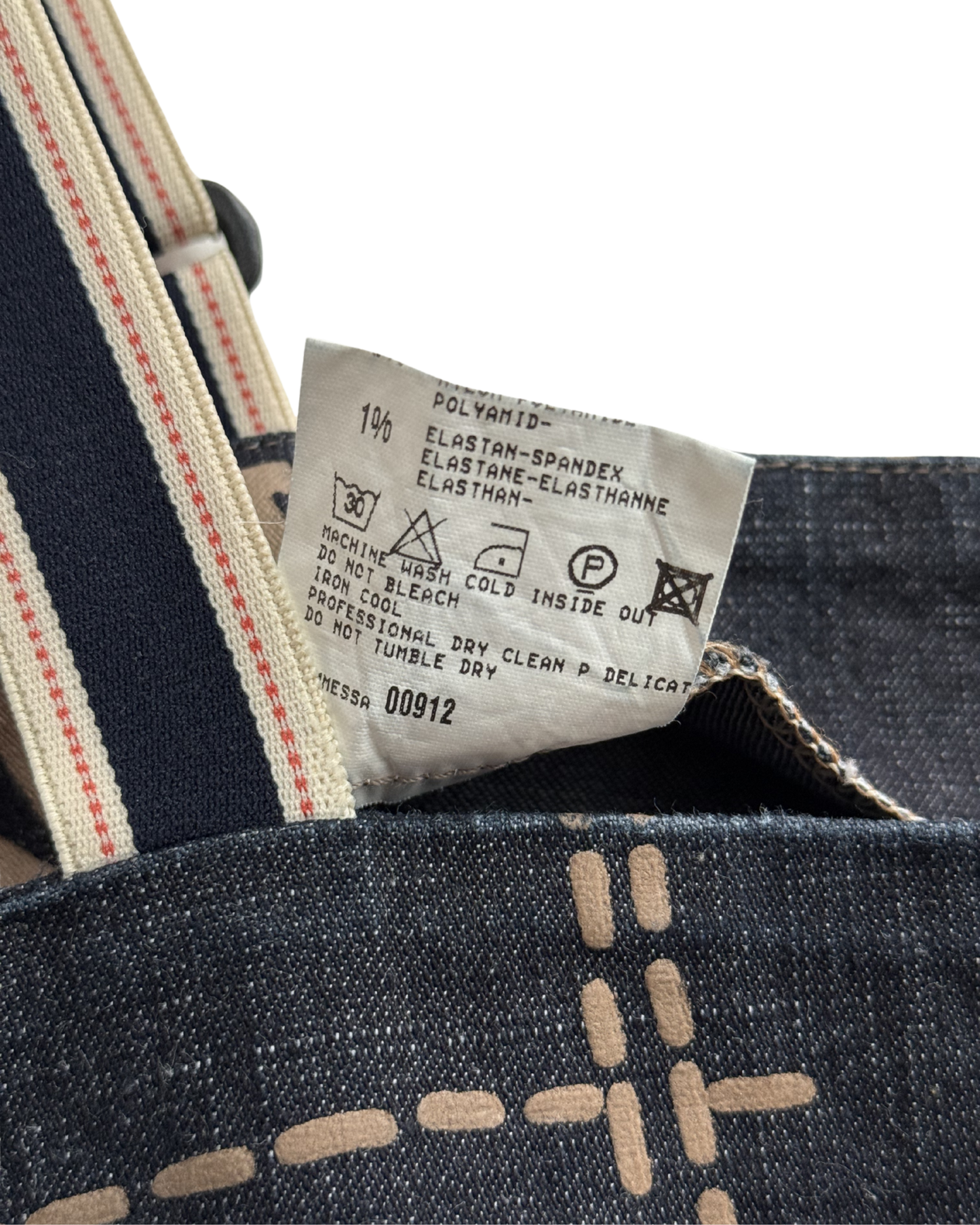 Close-up of a denim fabric with a label and stitching details.