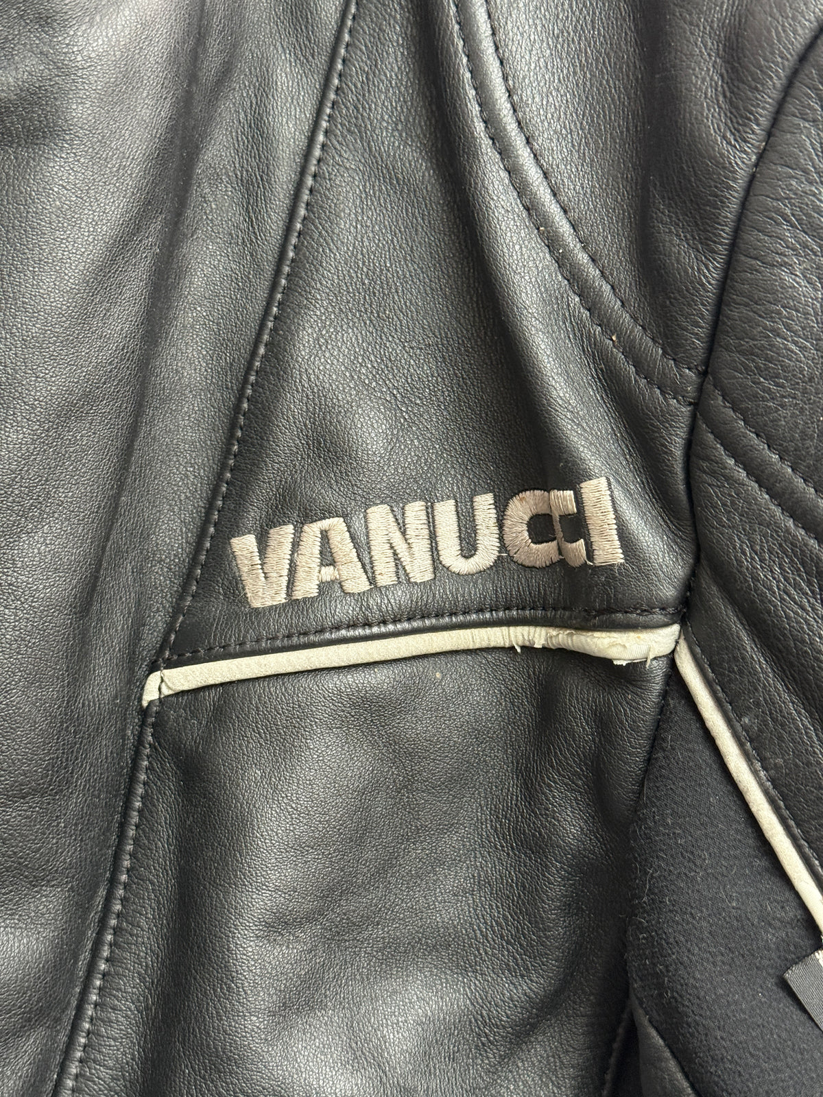 Vanucci Black Leather Racing Motorcycle Jacket with White Piping, IT 54, Men
