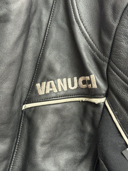 Vanucci Black Leather Racing Motorcycle Jacket with White Piping, IT 54, Men