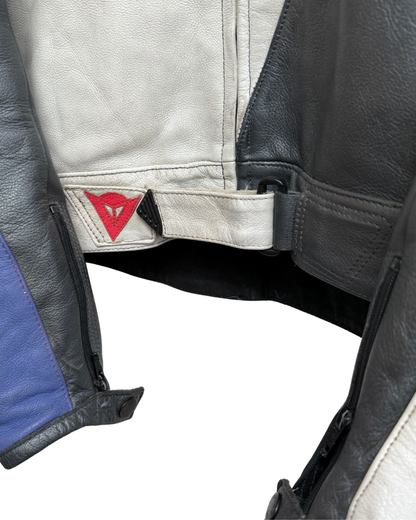 Dainese Vintage 1990s Racing Leather Jacket Checkerboard Blue White Red MotoGP Legend Label Size 50