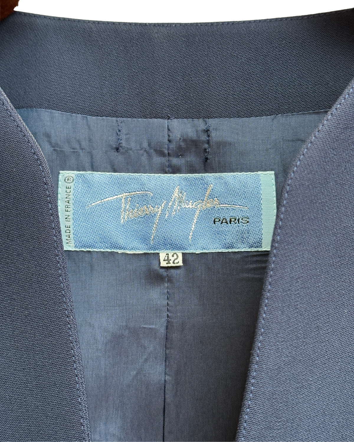 Thierry Mugler vintage navy wool blazer with gold wing motifs size 42