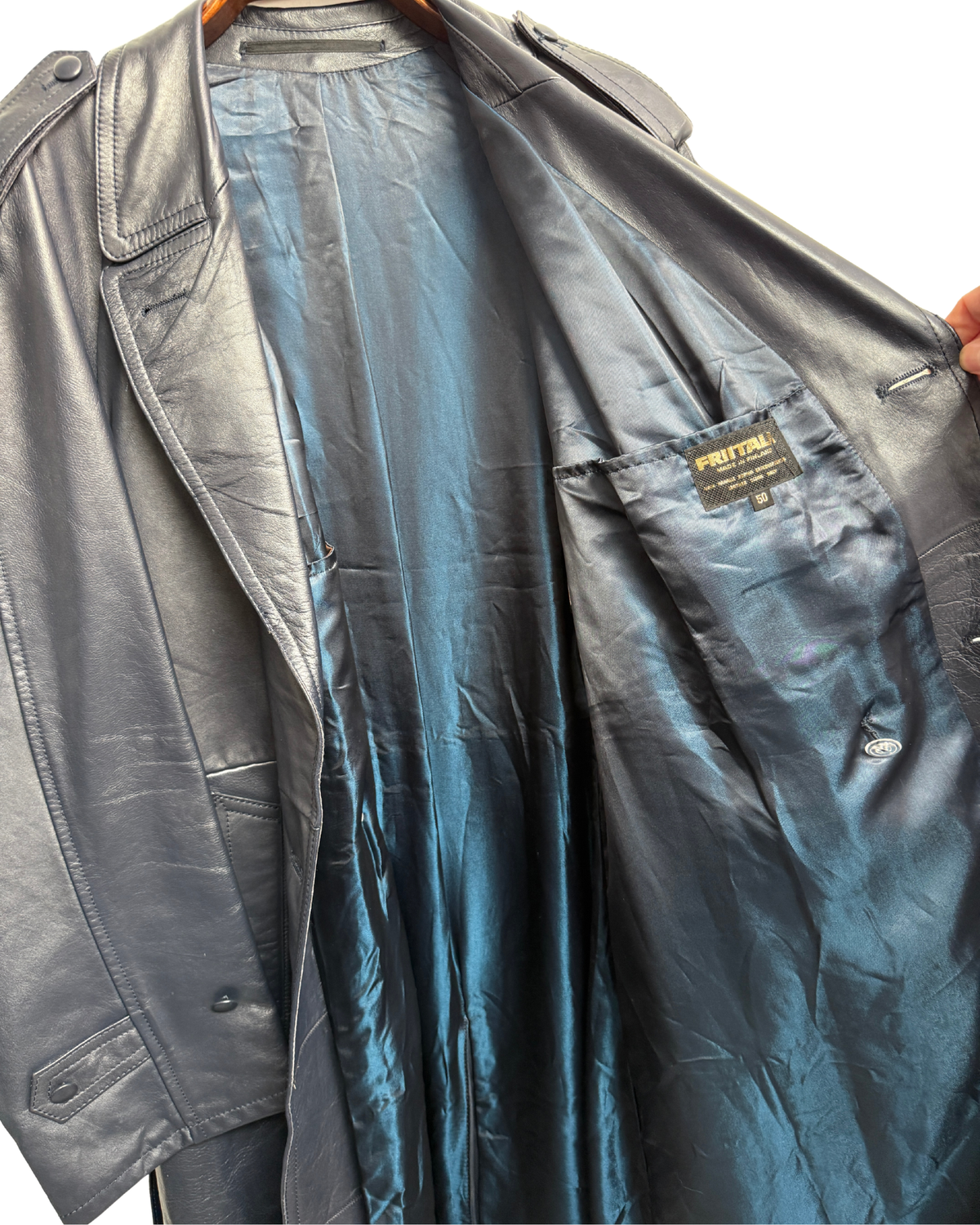 Friitala Navy Leather Trench Coat 50 Men
