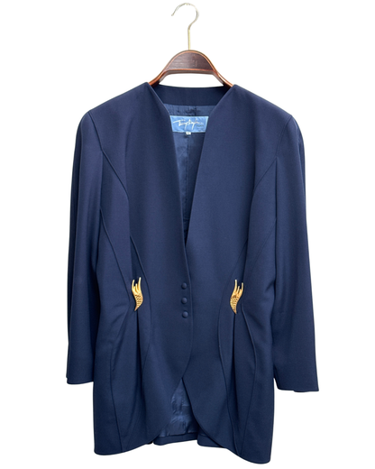Thierry Mugler vintage navy wool blazer with gold wing motifs size 42