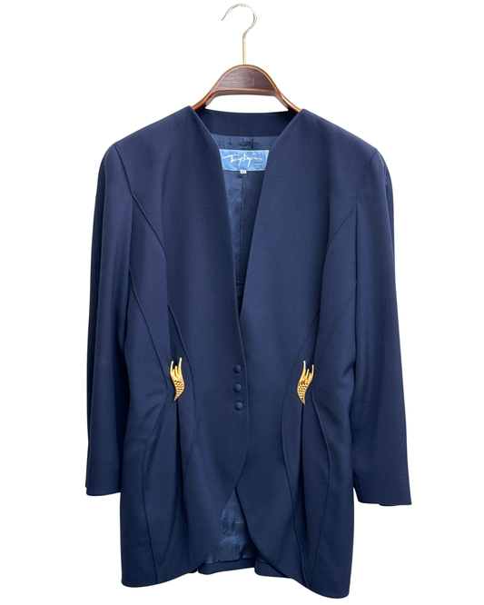 Thierry Mugler vintage navy wool blazer with gold wing motifs size 42
