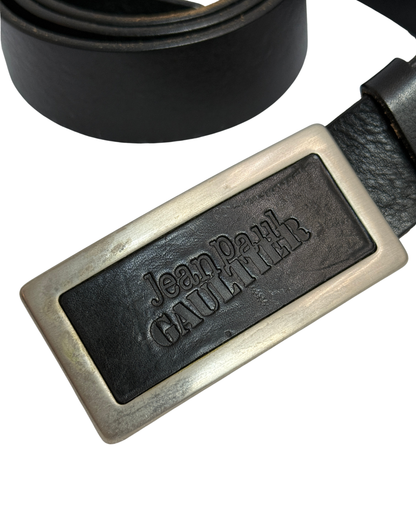 Jean Paul Gaultier vintage black leather belt with silver buckle size 100