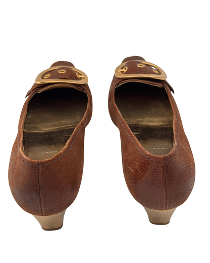 Prada Early 2000s Brown Leather Buckle Pumps 37.5 Women
