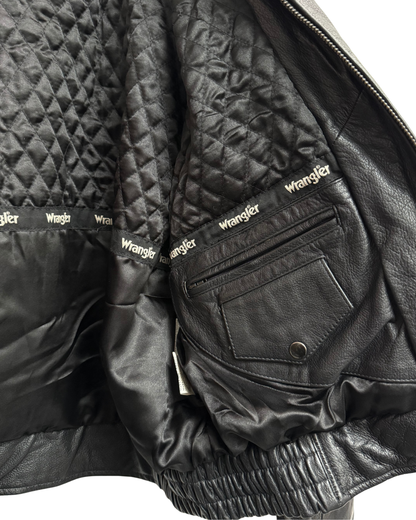 Wrangler "James Dean" Black Leather Bomber Jacket with Detachable Teddy Collar, IT 50, Men