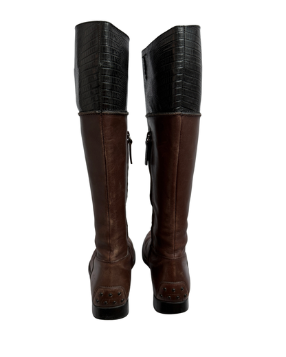 Tod's Brown Leather Riding Boots with Lizard Embossed Shaft, Women 38,5