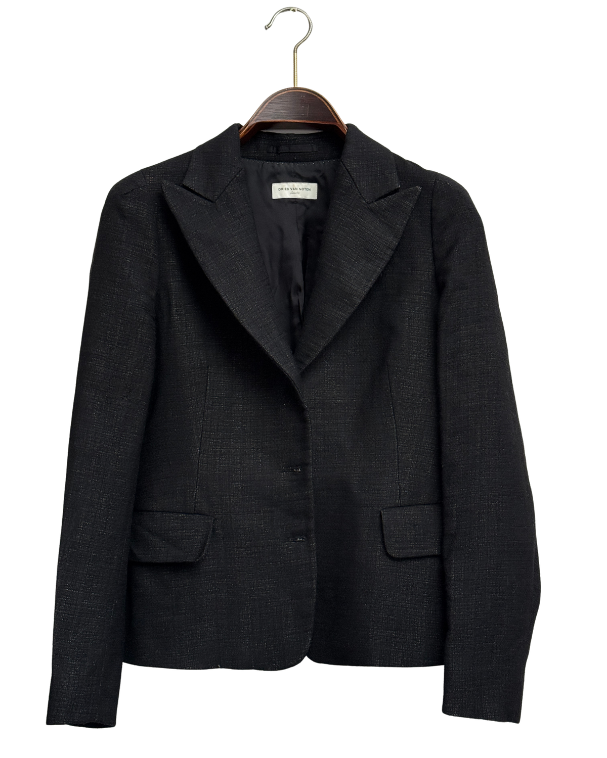 Dries Van Noten Black Wool and Linen Peak Lapel Blazer, FR 40, Women