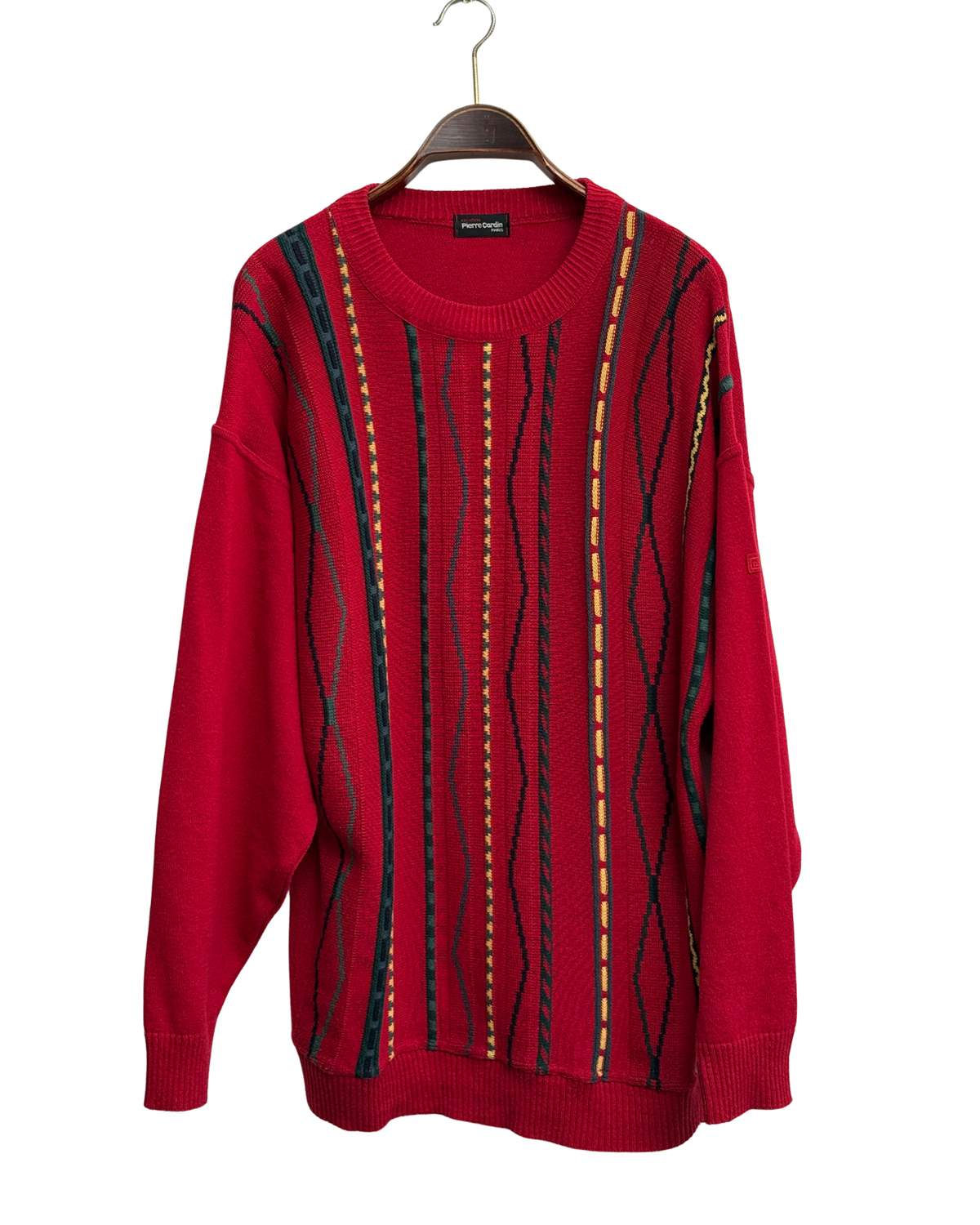 Pierre Cardin Paris Red Jacquard Knit Sweater with Vertical Stripes, IT 54, Men