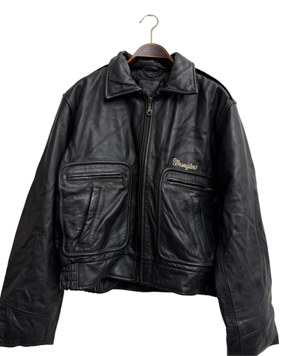 Wrangler "James Dean" Black Leather Bomber Jacket with Detachable Teddy Collar, IT 50, Men