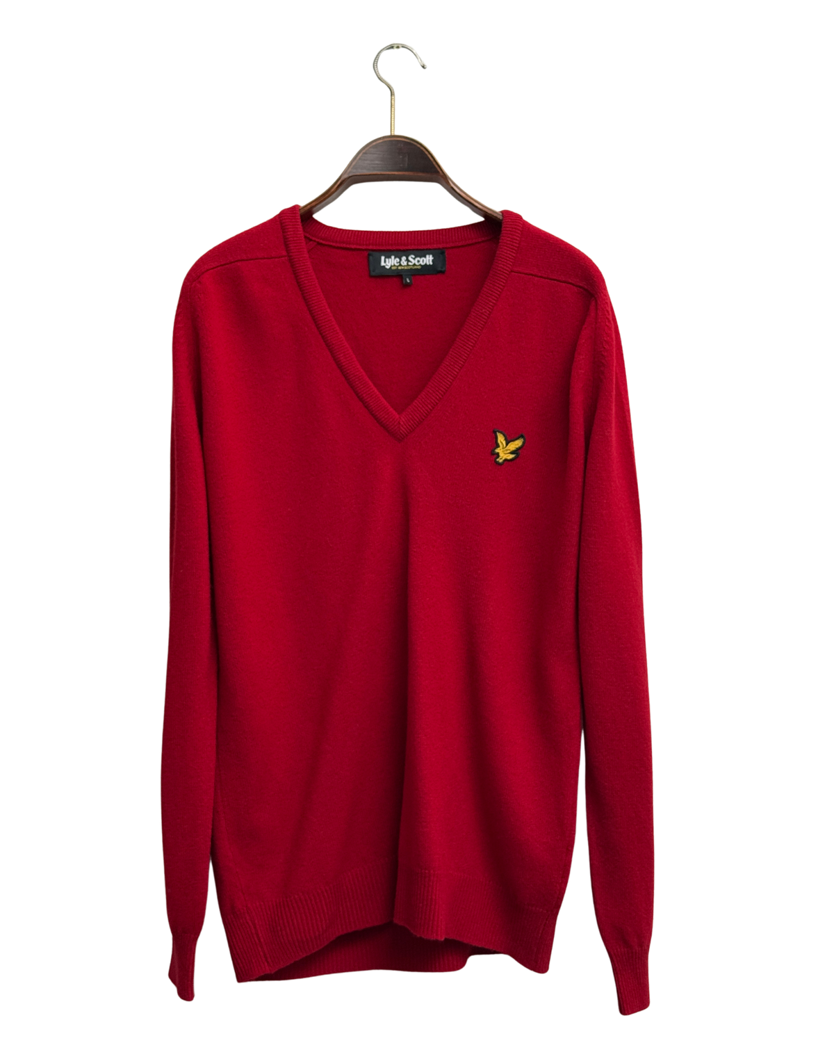 Lyle & Scott Red Pure New Wool V-Neck Sweater with Eagle Logo, IT 52, Men