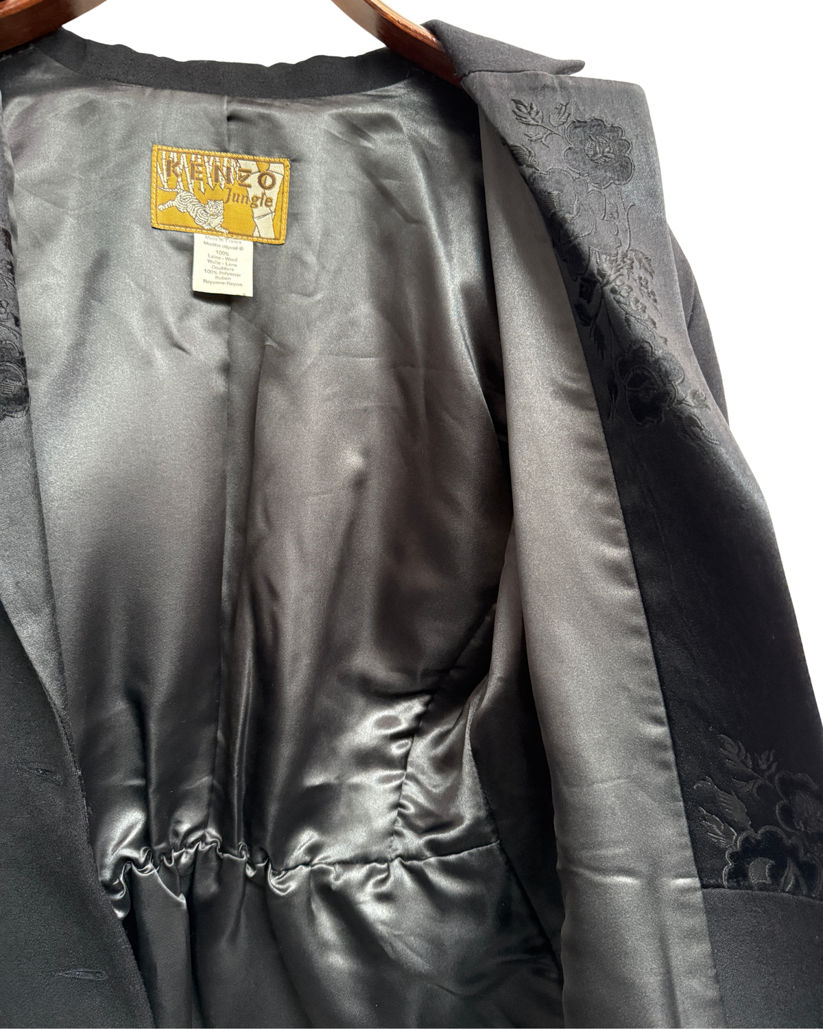 Kenzo Jungle vintage black wool blazer with floral jacquard collar Womens 42