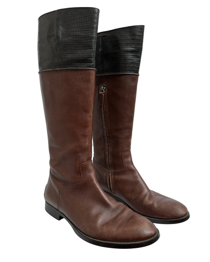 Tod's Brown Leather Riding Boots with Lizard Embossed Shaft, Women 38,5