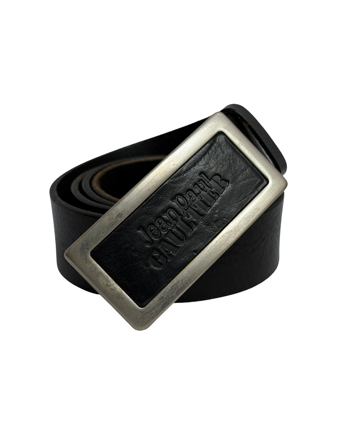 Jean Paul Gaultier vintage black leather belt with silver buckle size 100