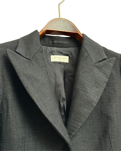 Dries Van Noten Black Wool and Linen Peak Lapel Blazer, FR 40, Women