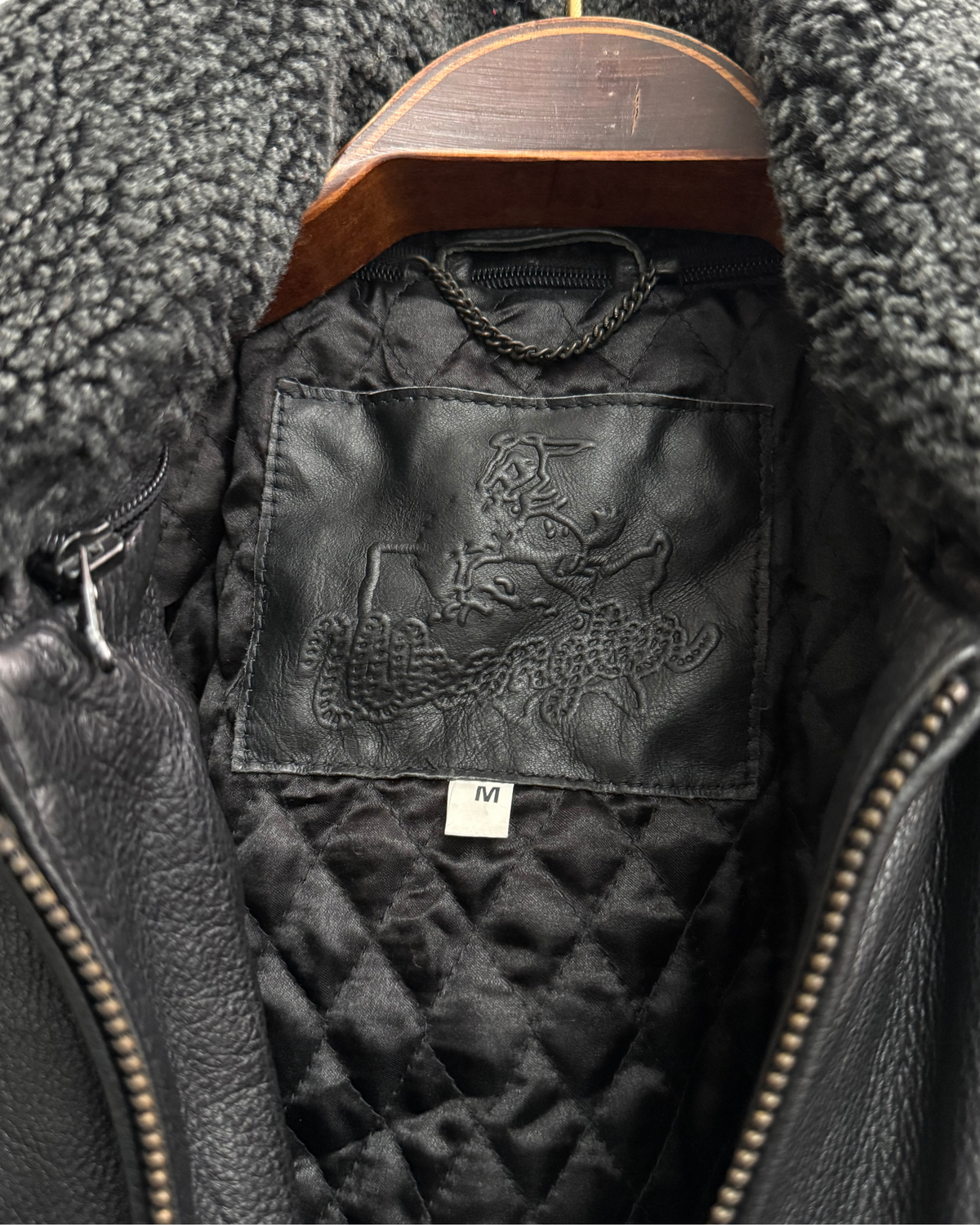 Wrangler "James Dean" Black Leather Bomber Jacket with Detachable Teddy Collar, IT 50, Men