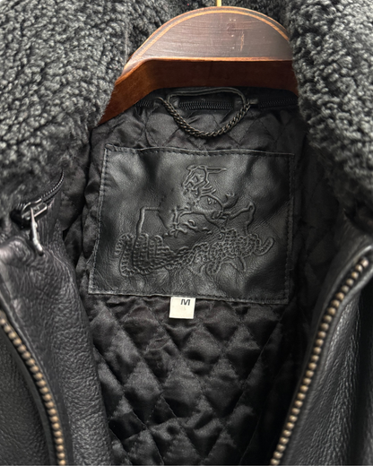 Wrangler "James Dean" Black Leather Bomber Jacket with Detachable Teddy Collar, IT 50, Men