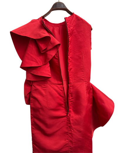 2010 ete Lanvin runway dress, red silk, asymmetric ruffle, 40 FR
