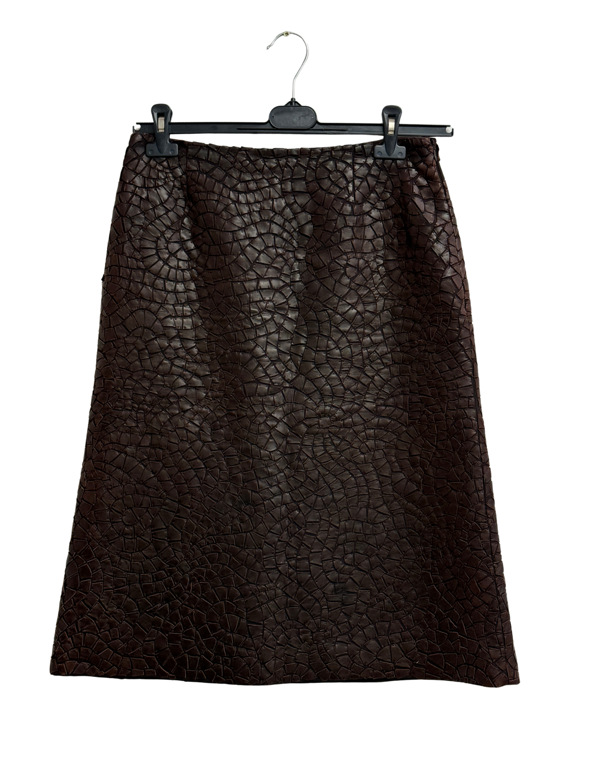 Guy Laroche vintage brown wool skirt with hand-tacked leather mosaic appliqué FR 40