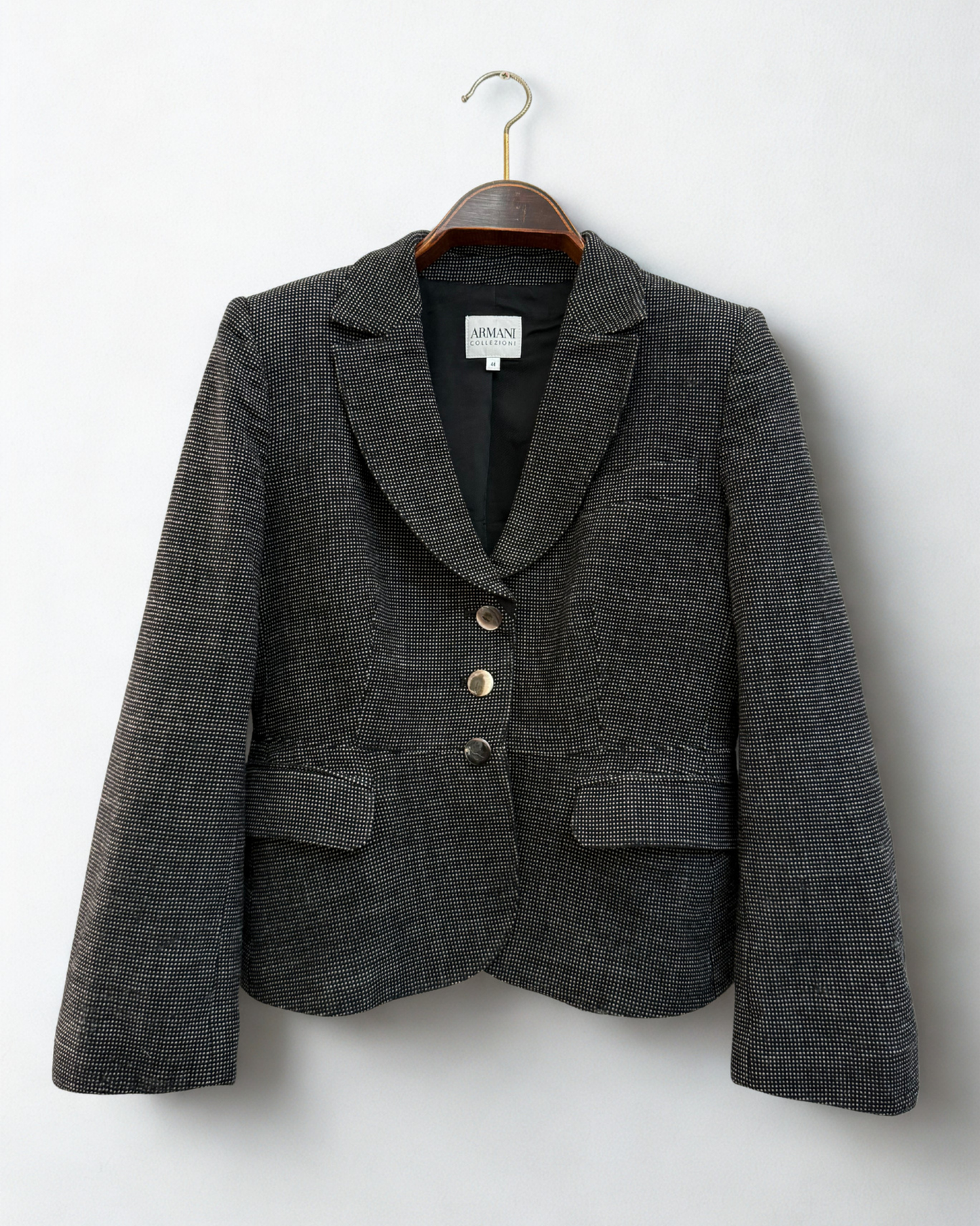 Armani Collezioni Vintage Wool Blazer Black White Micro Dot Cropped Size 44