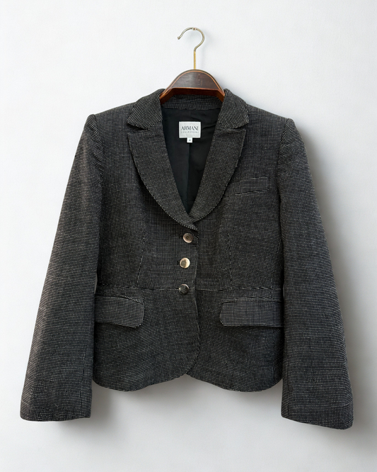 Armani Collezioni Vintage Wool Blazer Black White Micro Dot Cropped Size 44