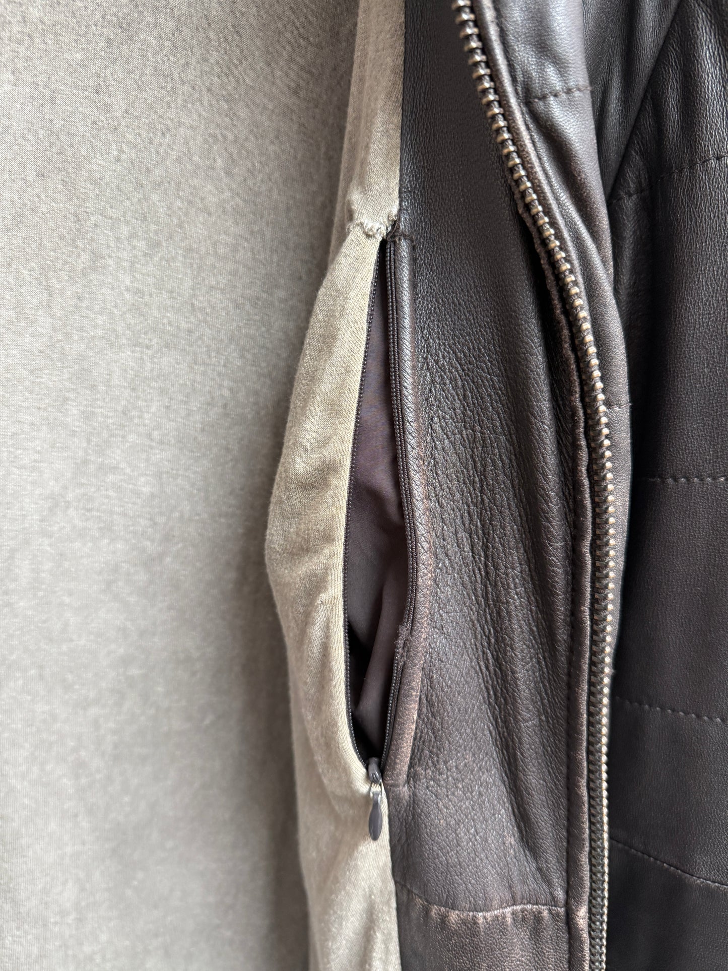 Armani Collezioni Brown Lamb Leather Quilted Jacket with Knit Panels Men Size 56