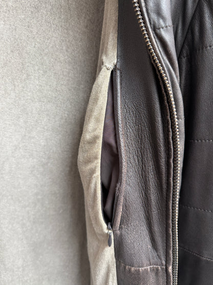 Armani Collezioni Brown Lamb Leather Quilted Jacket with Knit Panels Men Size 56