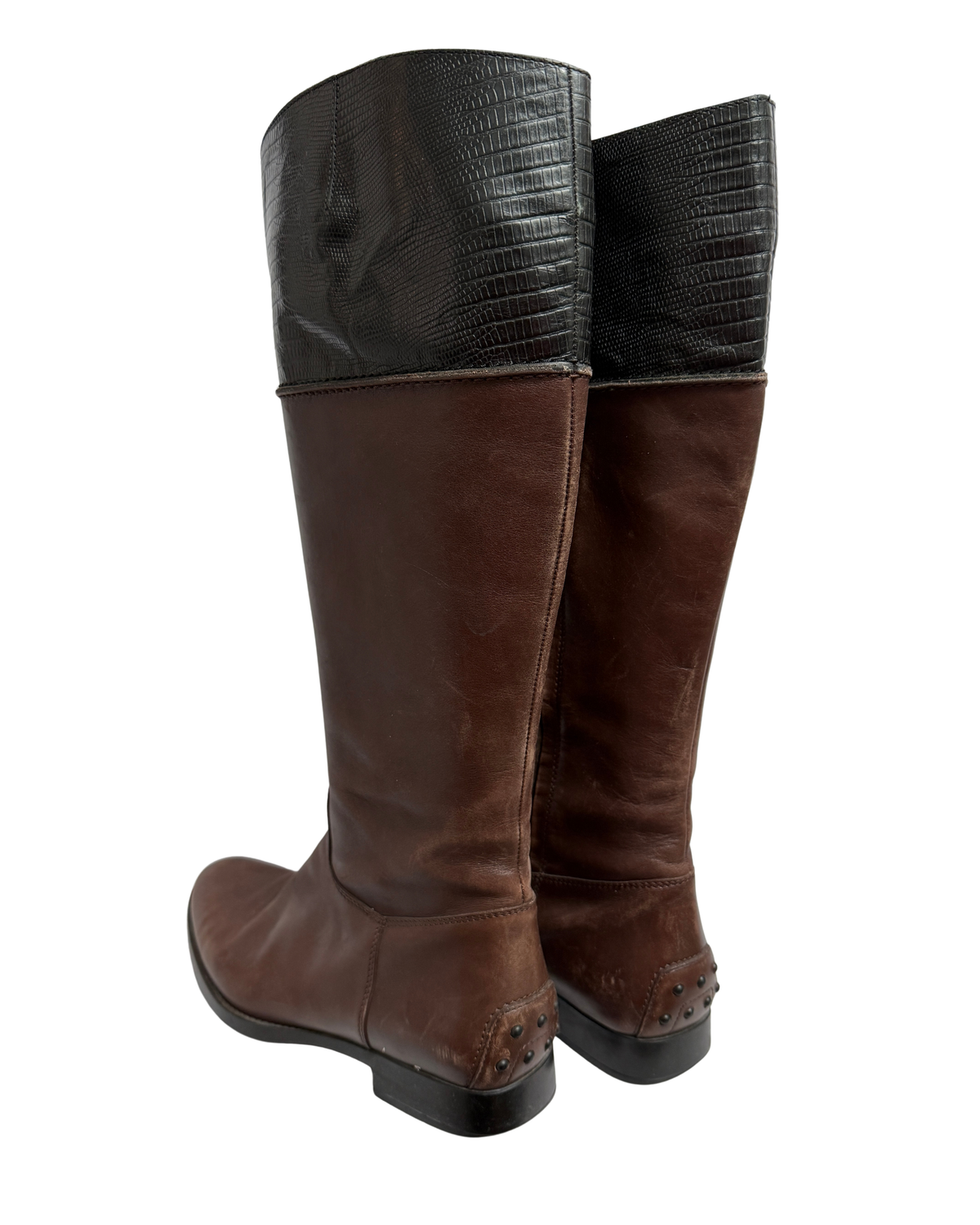 Tod's Brown Leather Riding Boots with Lizard Embossed Shaft, Women 38,5