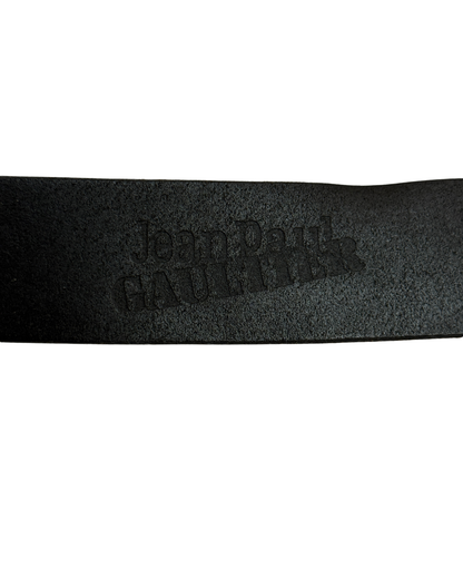 Jean Paul Gaultier vintage black leather belt with silver buckle size 100
