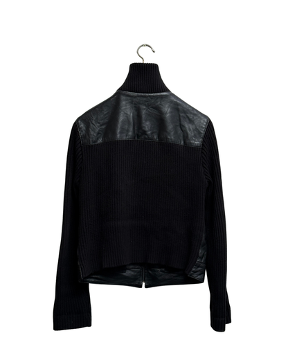 Arma Black Leather and Knit Zip Jacket with Funnel Collar, IT 44, Women