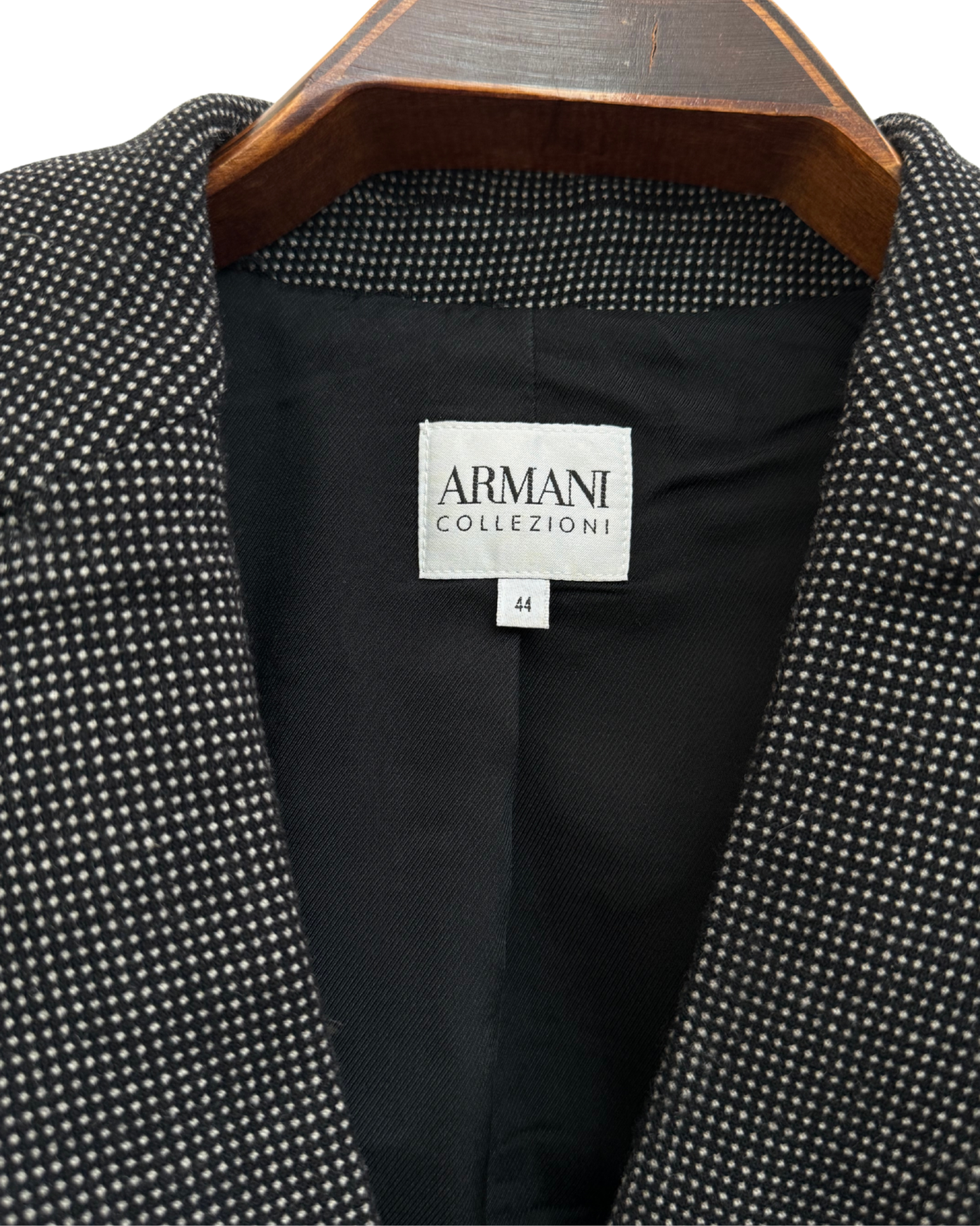 Armani Collezioni Vintage Wool Blazer Black White Micro Dot Cropped Size 44