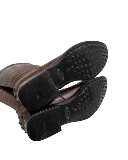 Tod's Brown Leather Riding Boots with Lizard Embossed Shaft, Women 38,5