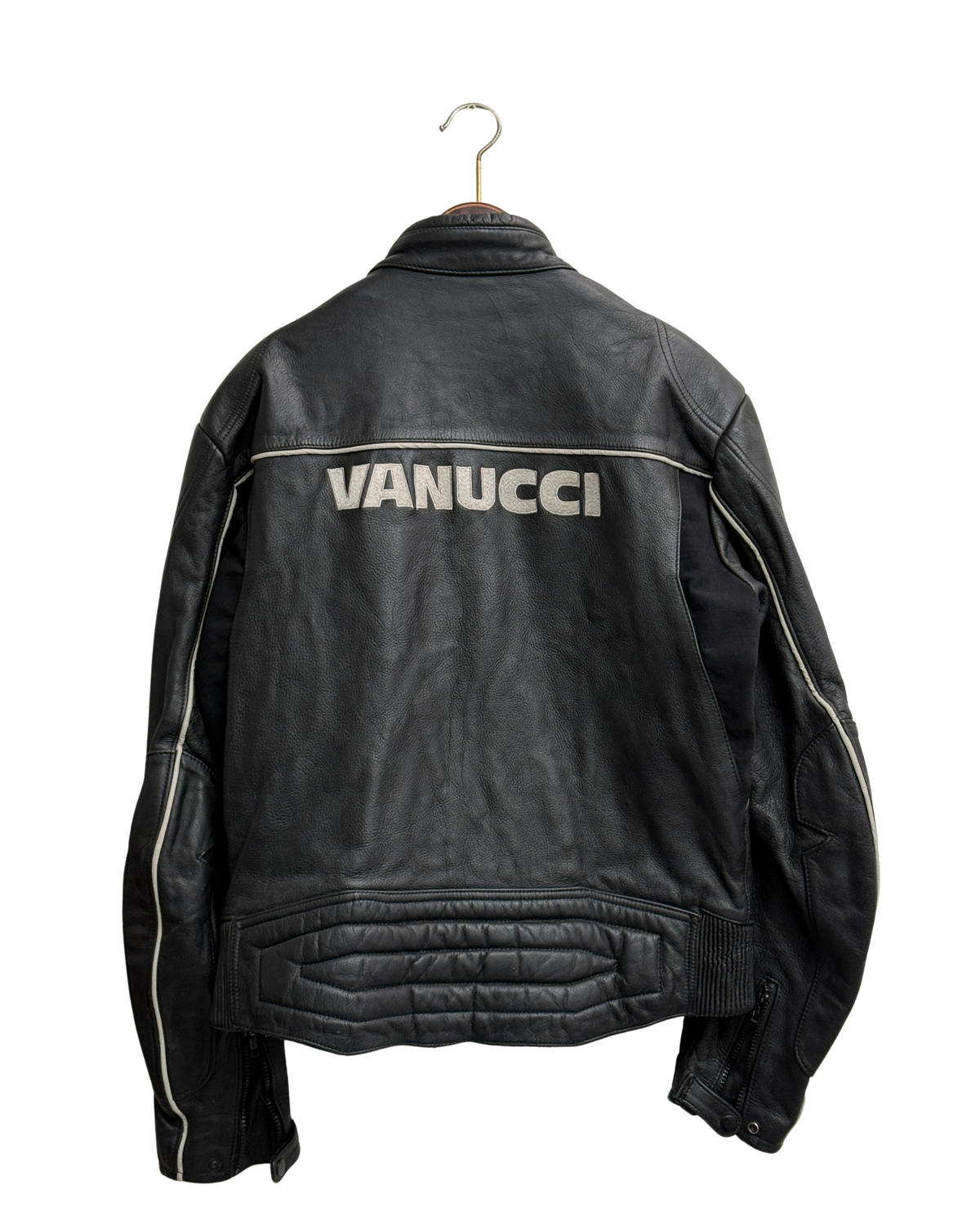 Vanucci Black Leather Racing Motorcycle Jacket with White Piping, IT 54, Men