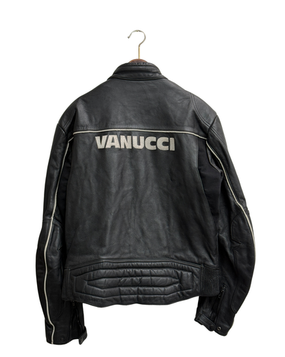 Vanucci Black Leather Racing Motorcycle Jacket with White Piping, IT 54, Men