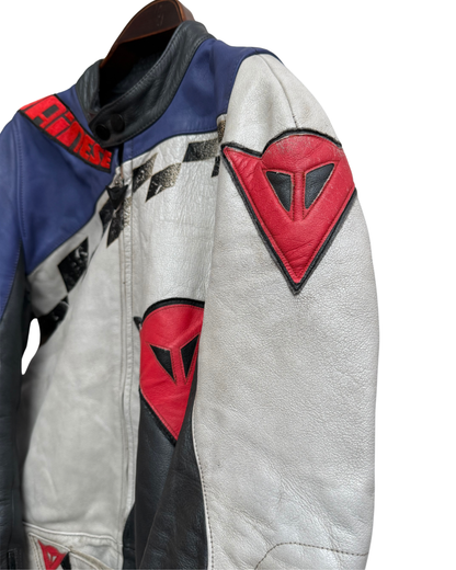 Dainese Vintage 1990s Racing Leather Jacket Checkerboard Blue White Red MotoGP Legend Label Size 50