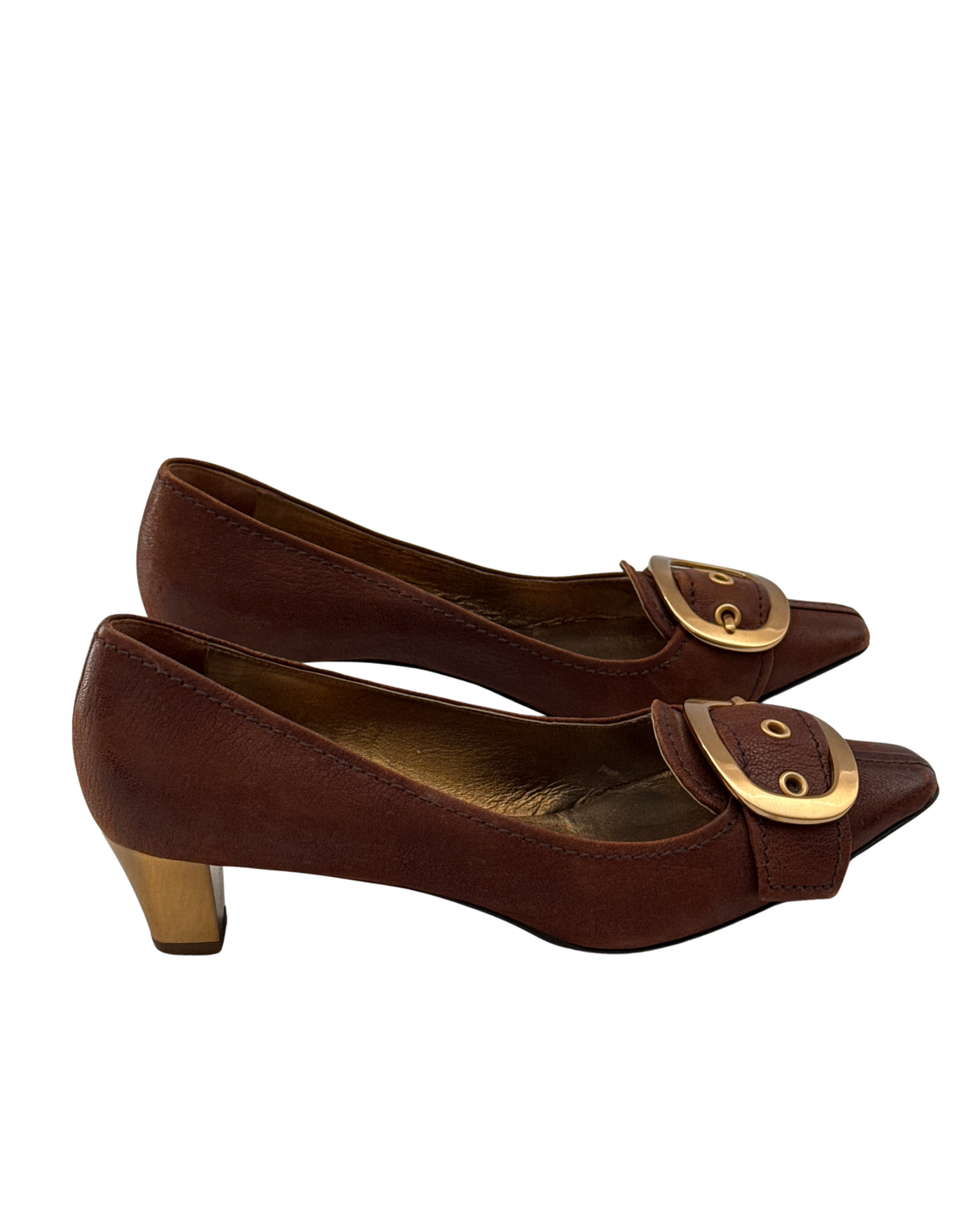 Prada Early 2000s Brown Leather Buckle Pumps 37.5 Women