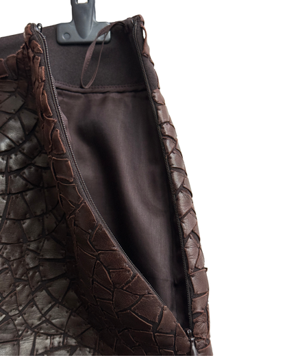 Guy Laroche vintage brown wool skirt with hand-tacked leather mosaic appliqué FR 40