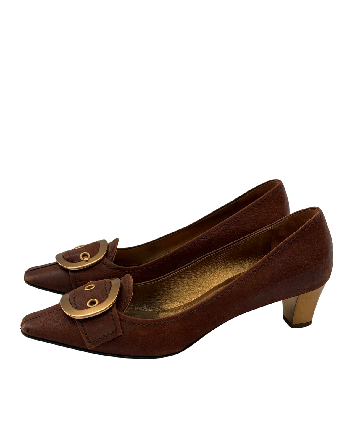 Prada Early 2000s Brown Leather Buckle Pumps 37.5 Women