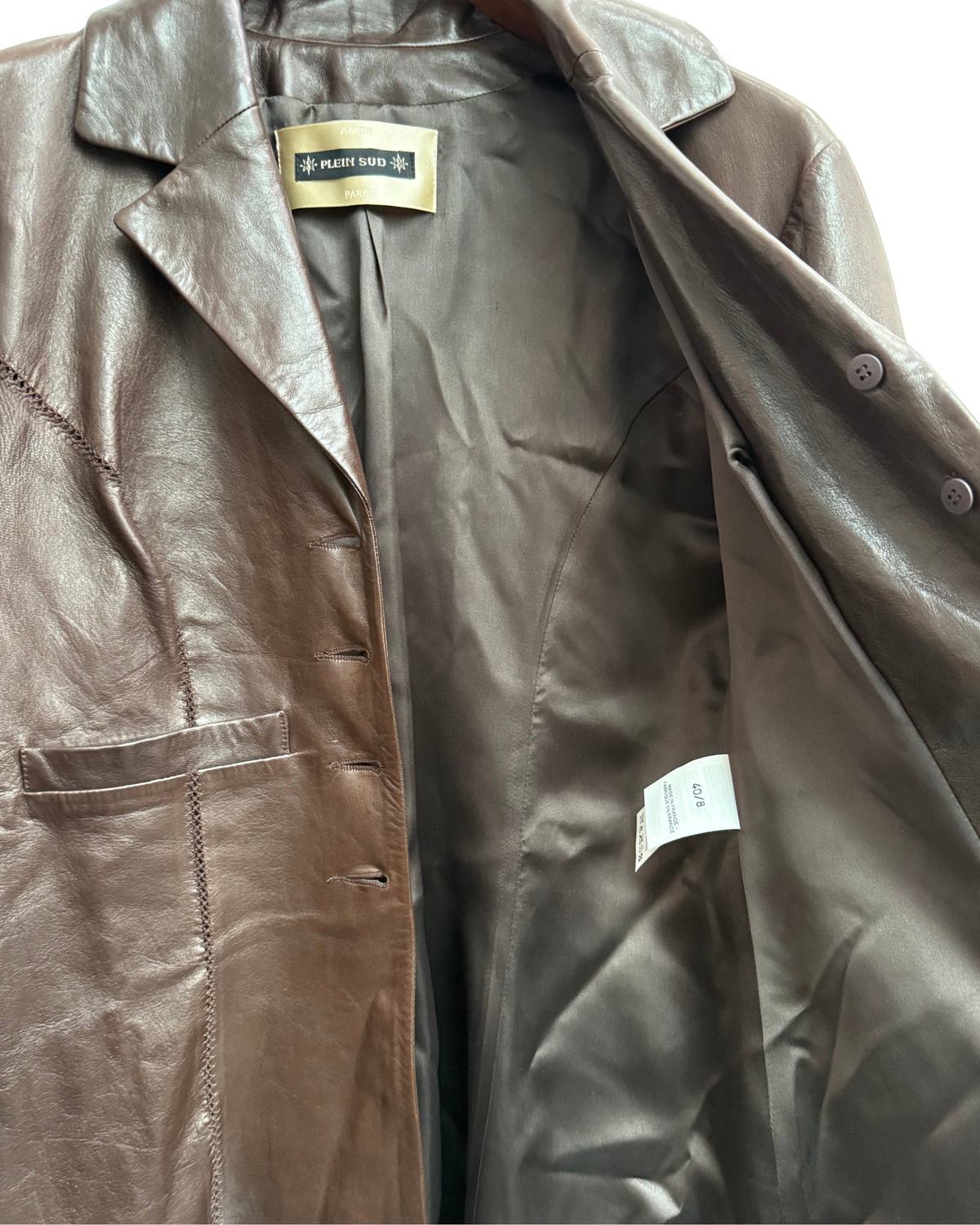 Plein Sud Paris Chocolate Brown Leather Blazer Jacket, IT 44, Women