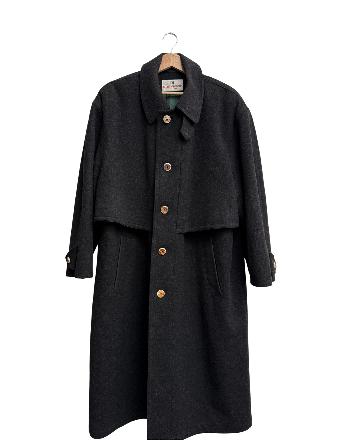 Steinbock Tyrol Austria Dark Charcoal Virgin Wool Loden Coat with Shoulder Cape, Size 56, Men