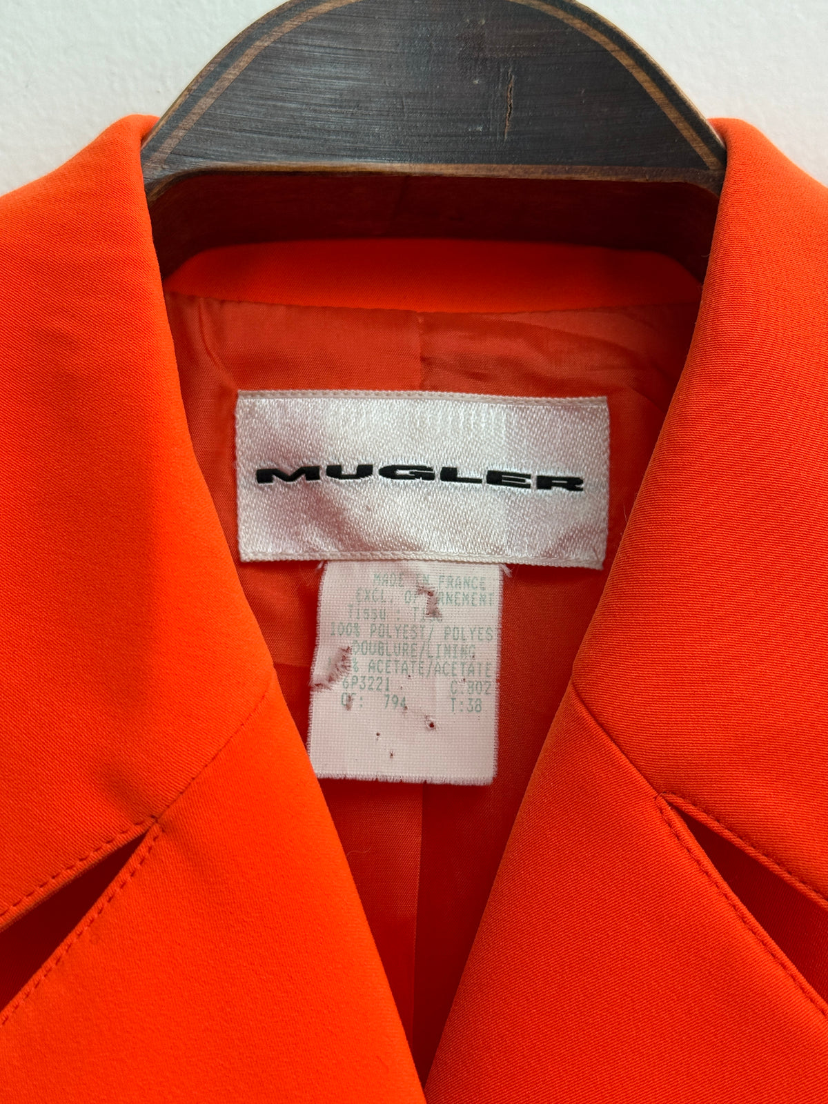 Mugler vintage 90s orange double breasted blazer, silver buttons FR 38