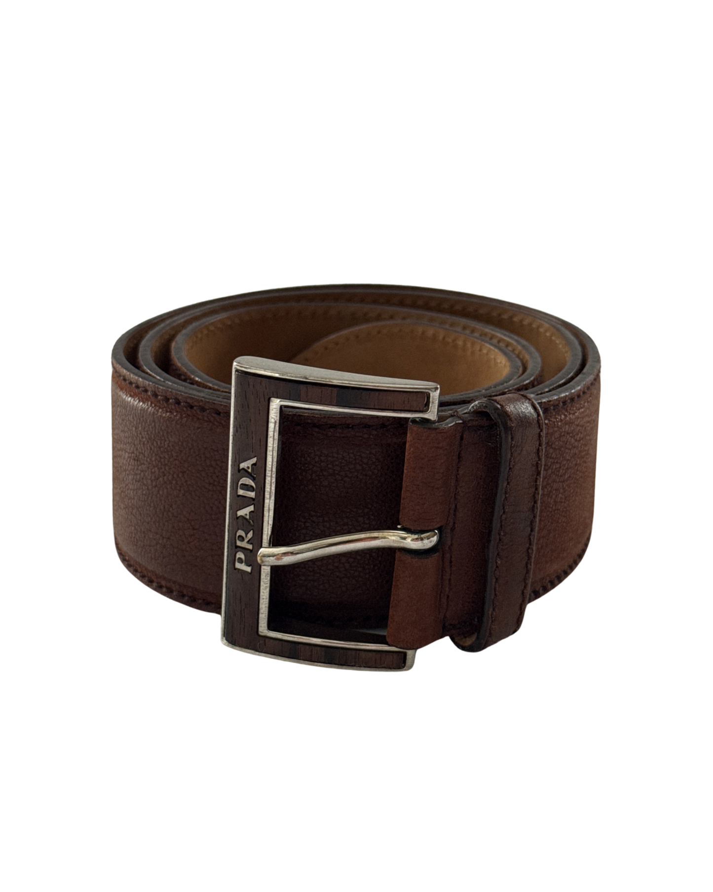 Prada Brown Leather Belt Wood-Effect Buckle size 85