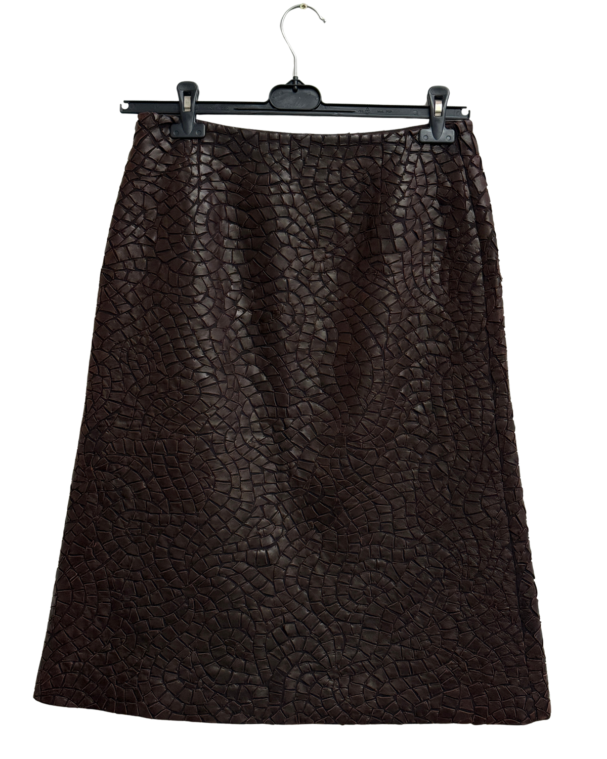 Guy Laroche vintage brown wool skirt with hand-tacked leather mosaic appliqué FR 40