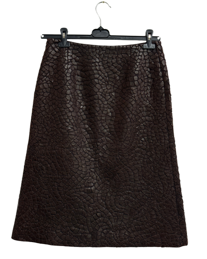 Guy Laroche vintage brown wool skirt with hand-tacked leather mosaic appliqué FR 40