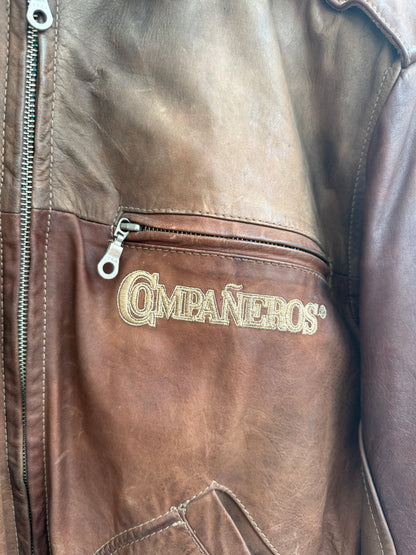 Compañeros Vintage Distressed Brown Leather Bomber Jacket Men Size L-XL