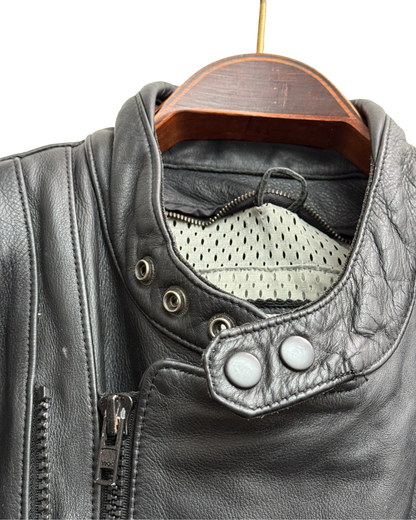 Vanucci Black Leather Racing Motorcycle Jacket with White Piping, IT 54, Men